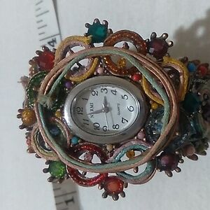 NARMI hinged cuff beaded watch with rhinestones